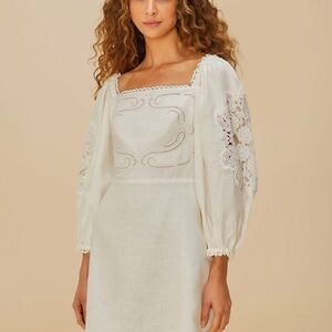 NWT Farm Rio Off-White Embroidered Euroflax Premium Linen Mini Dress White M